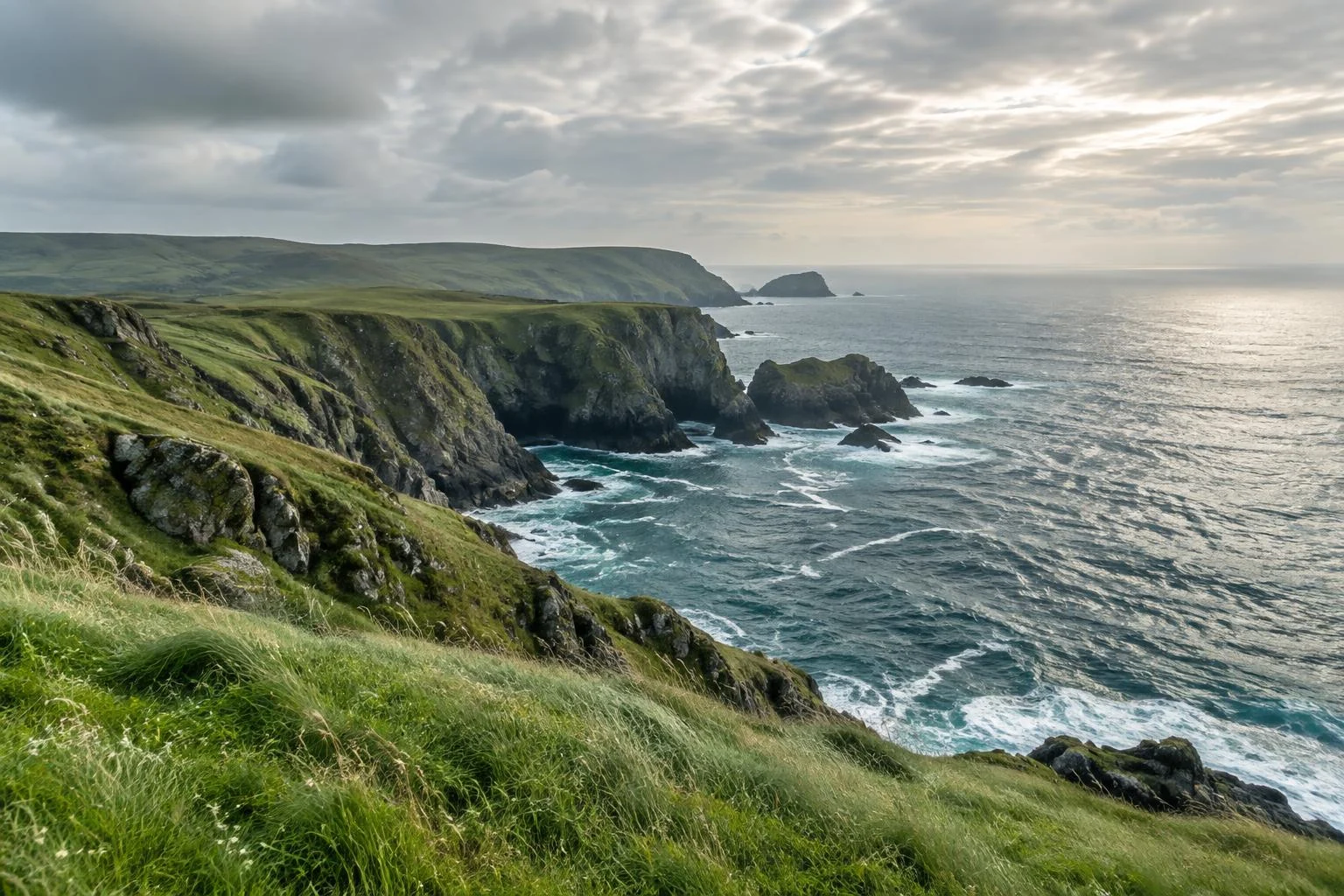 Open coastal landscape with rolling green headlands