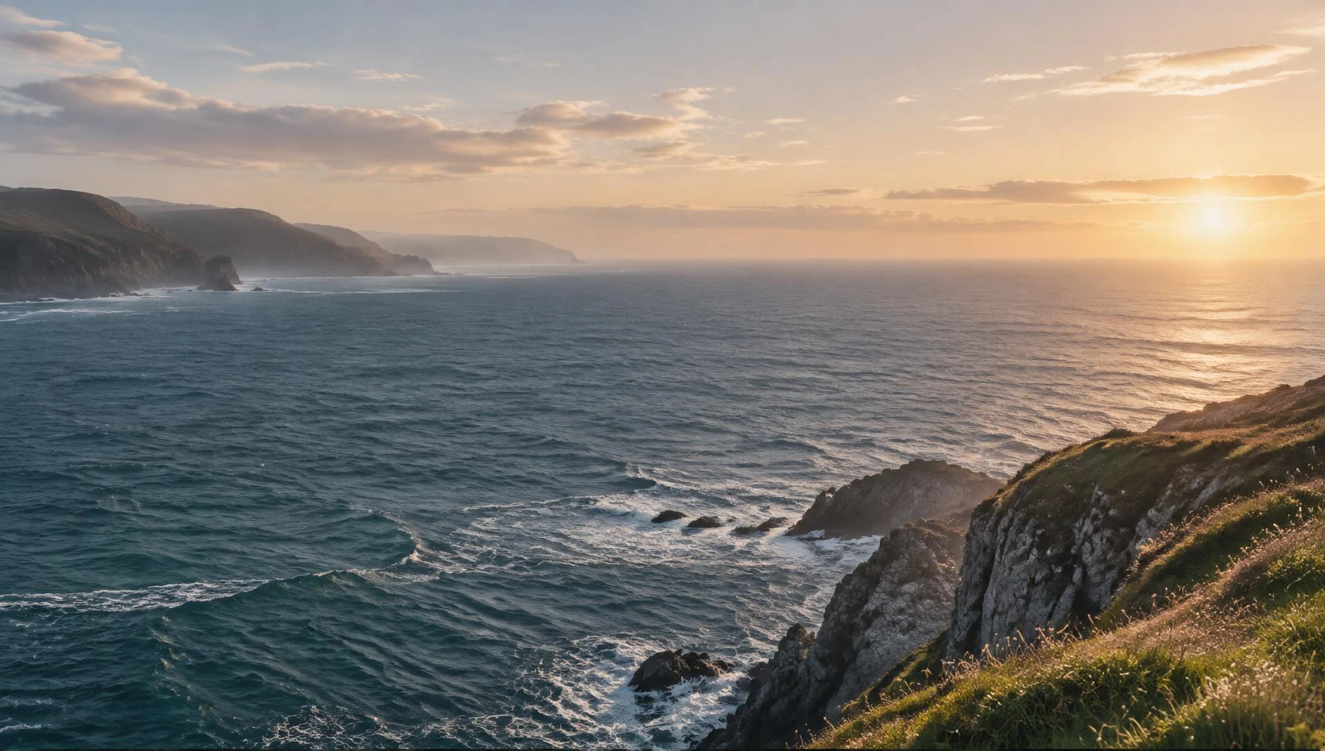Expansive ocean horizon and rugged coastline in soft evening light